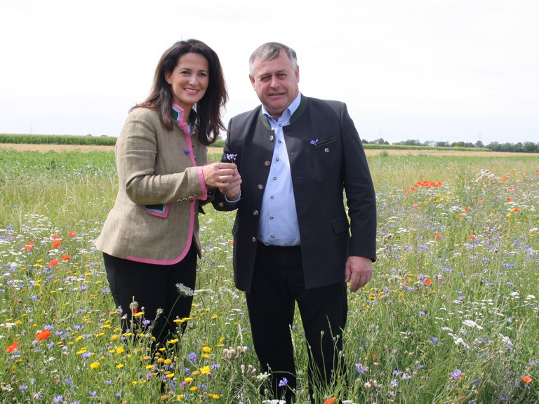 Die bayerische Landwirtschaftsministerin Michaela Kaniber und Bauernpräsident Walter Heidl stehen inmitten einer Blühfläche