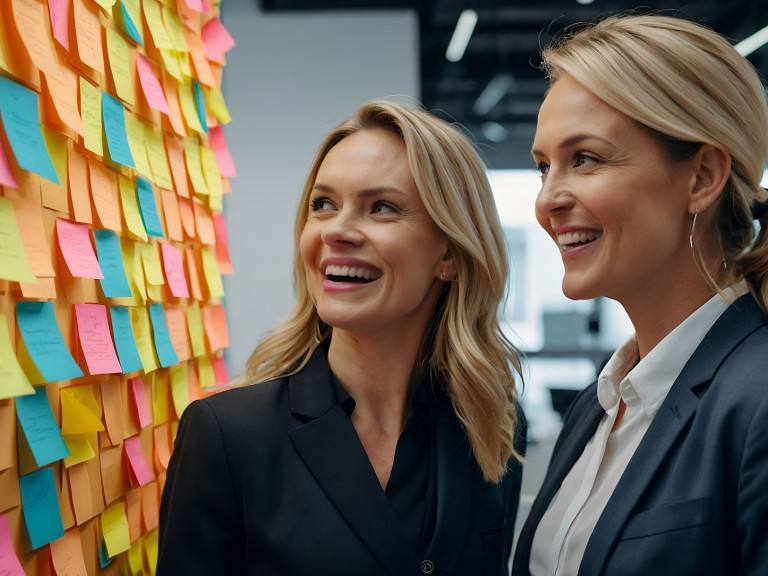 zwei Frauen vor einer Pinwand mit Post-its