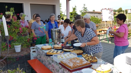 Die Teilnehmer der Radltour beim Kuchenbuffet 