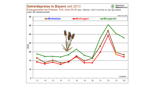 Erzeugerpreise bei Weizen, Brotroggen und Braugerste in Bayern seit 2013